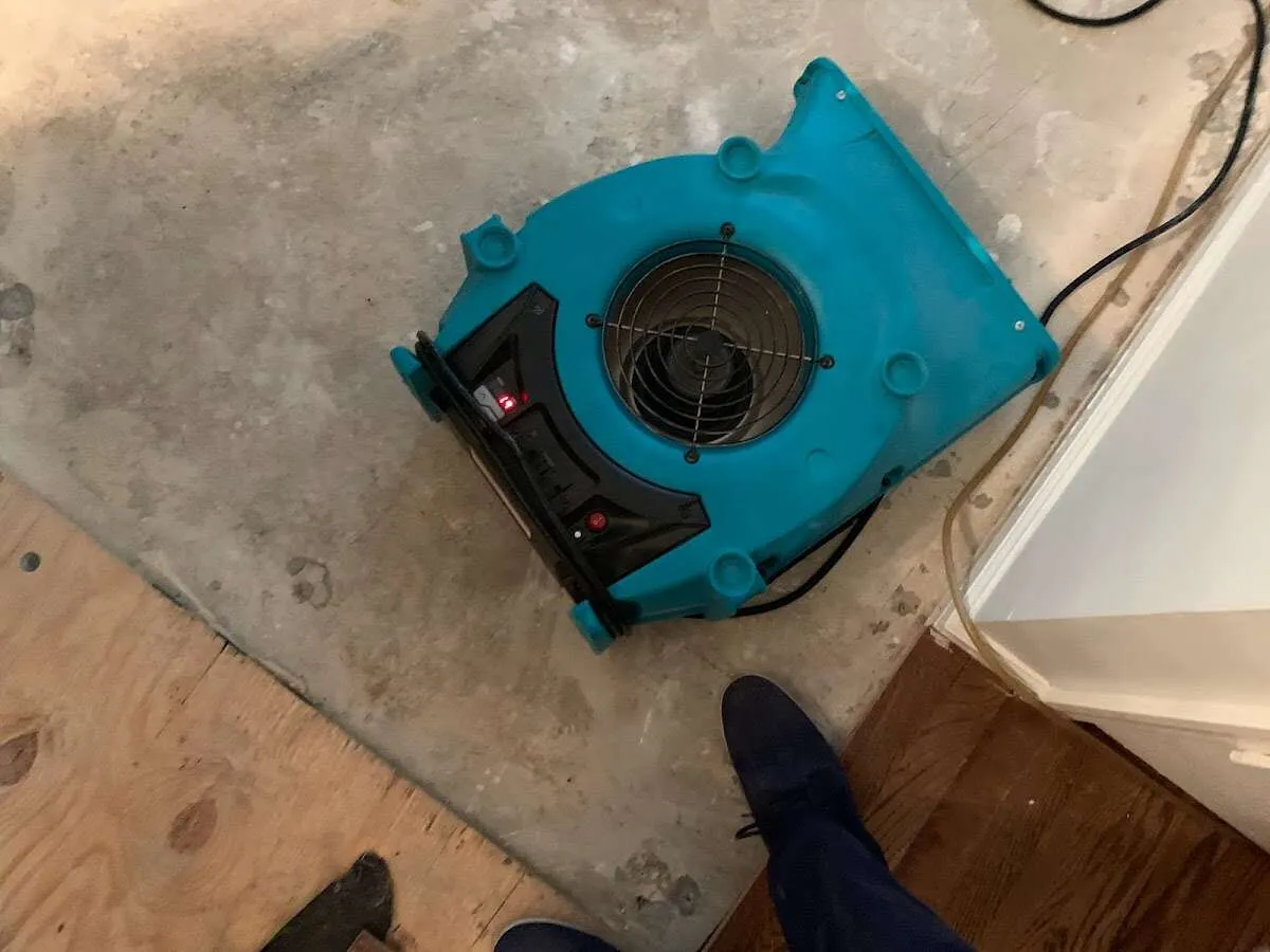 Air mover drying subfloor during Leak Detection & Repair in Mercedes